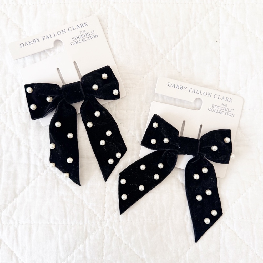 NEW Darby Fallon Clark for Edgehill Collection Black Velvet Pearl Hair Bows